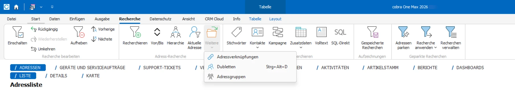 cobra CRM Classic Menueband verwandte Funktion