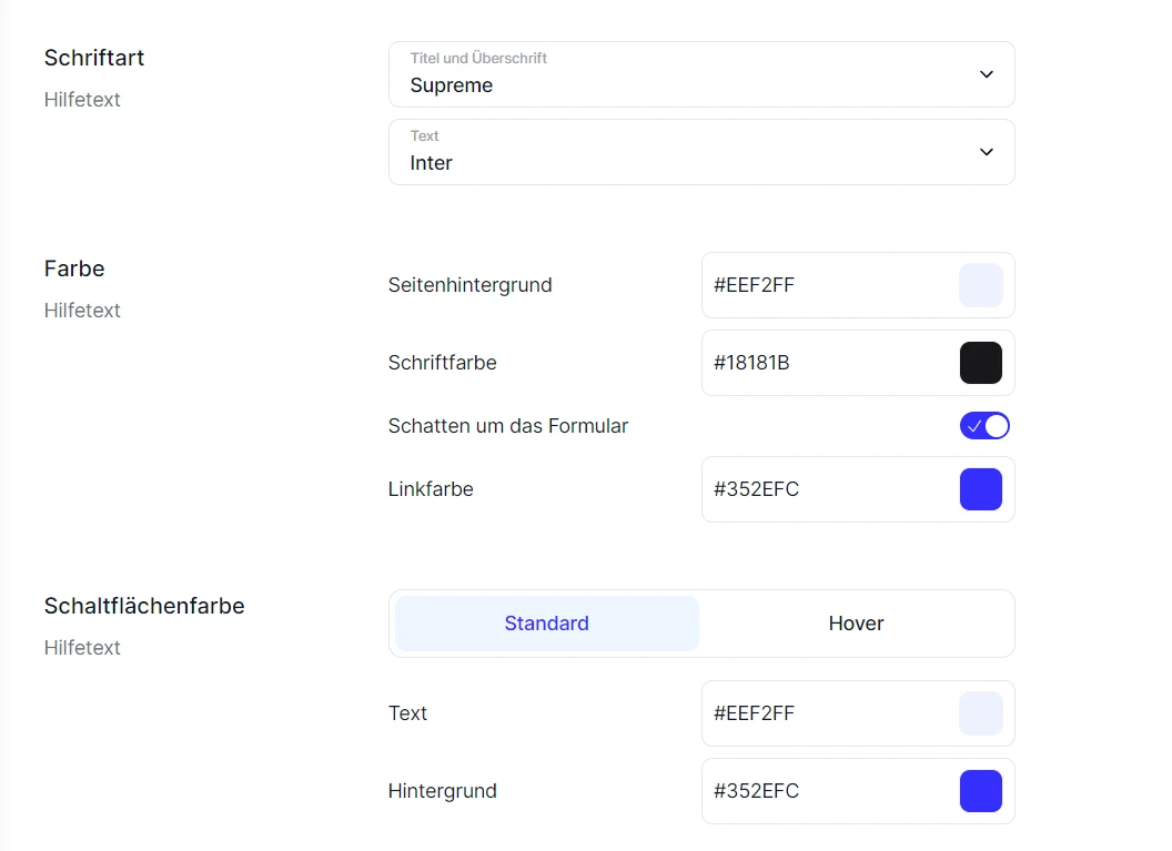 Forms Einstellungen Schriftart Farbe Schaltflaechenfarbe