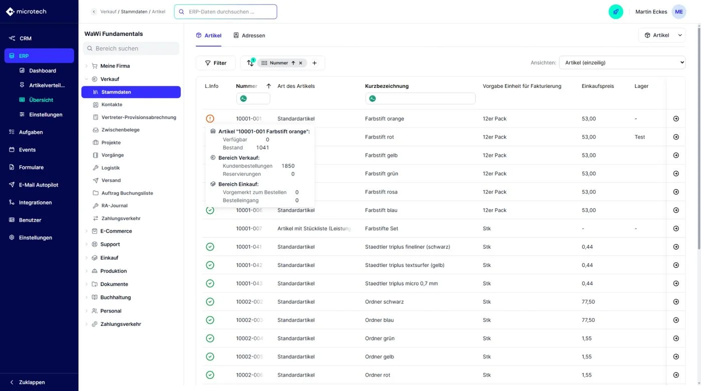 cobra CRM Cloud ERP Daten-Explorer mit Artikelinformationen aus microtech