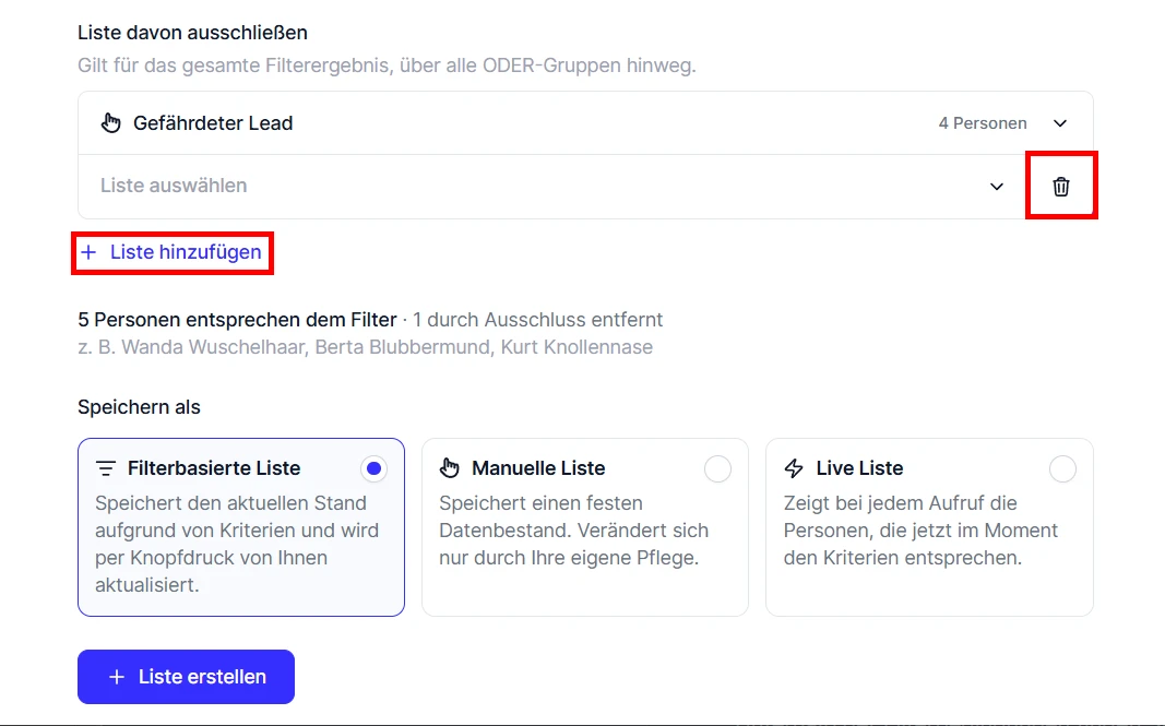 cobra CRM Cloud Liste Filter Liste davon ausschließen