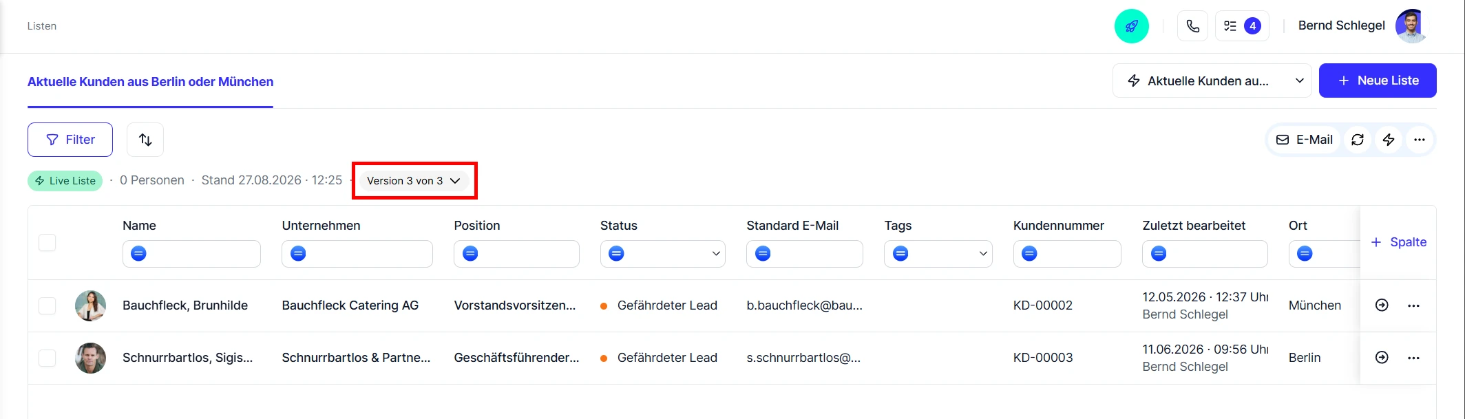 cobra CRM Cloud Live Liste mit Versionsauswahl