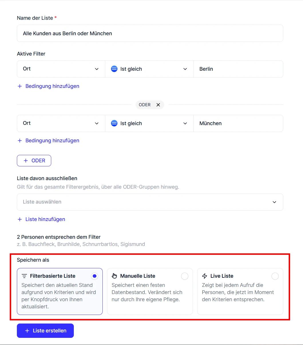 cobra CRM Cloud Neue Liste Speichern als Filterbasierte Liste Manuelle Liste Live Liste