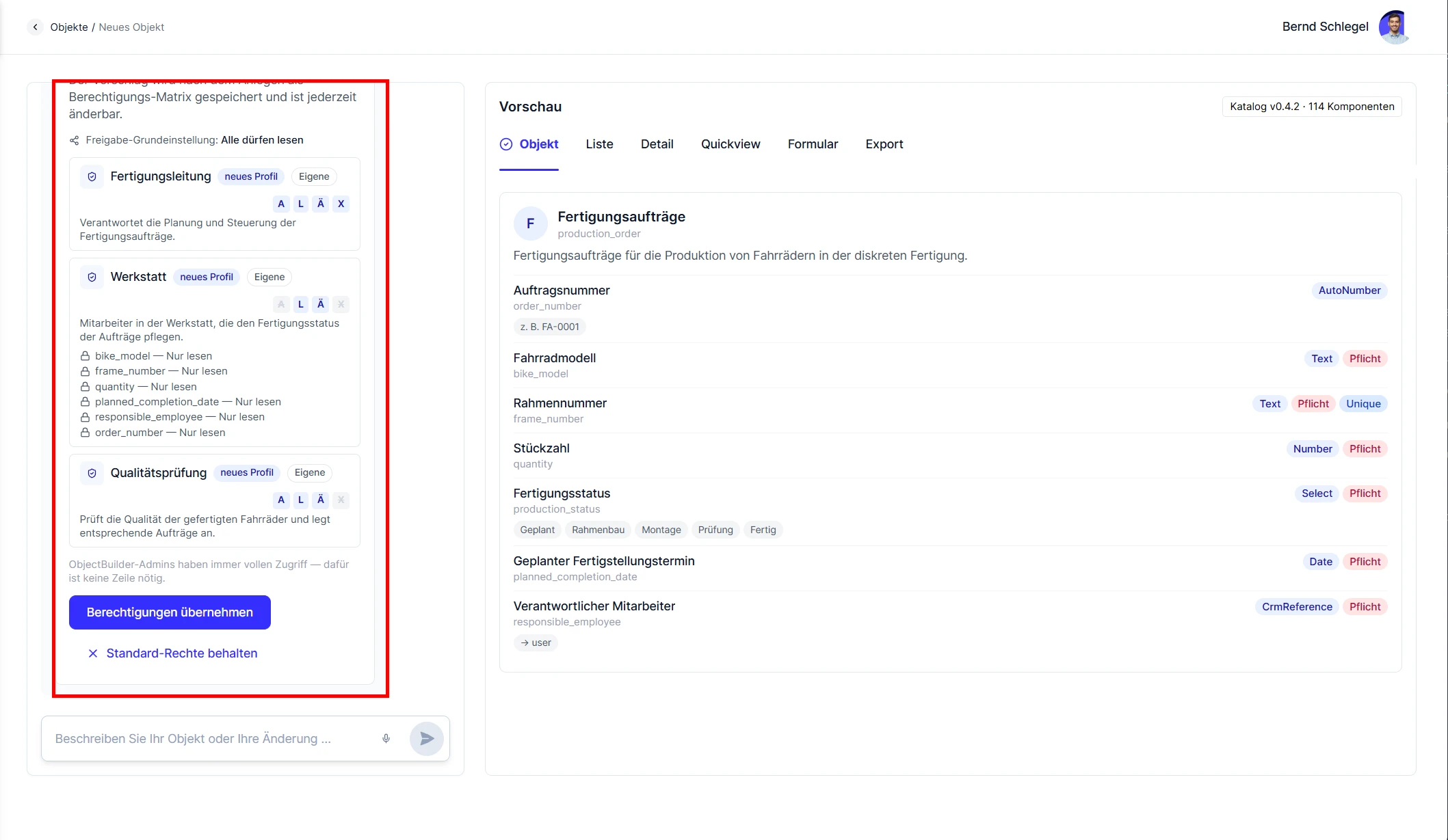 cobra CRM Cloud Object Builder Vorschlag für die Berechtigungen je Rolle