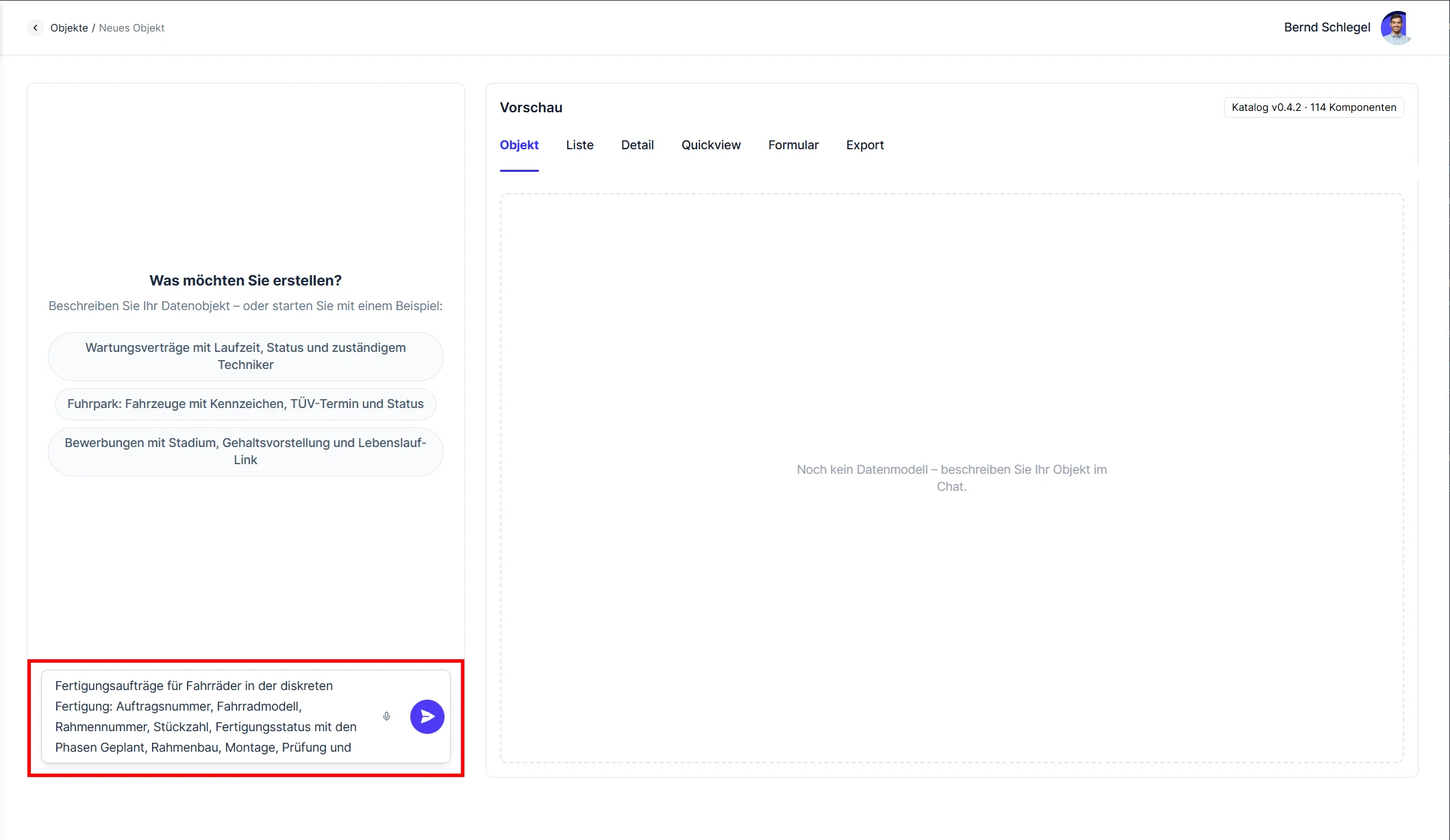 cobra CRM Cloud Object Builder Chat zum Anlegen eines neuen Objekts