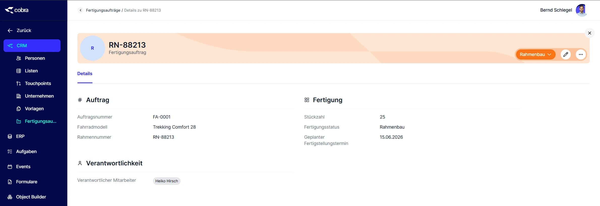 cobra CRM Cloud Object Builder Detailseite eines Fertigungsauftrags