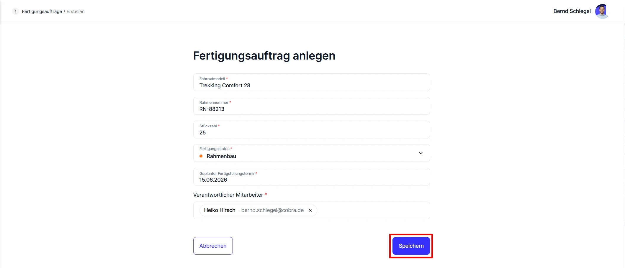 cobra CRM Cloud Object Builder Fertigungsauftrag im generierten Formular erfassen