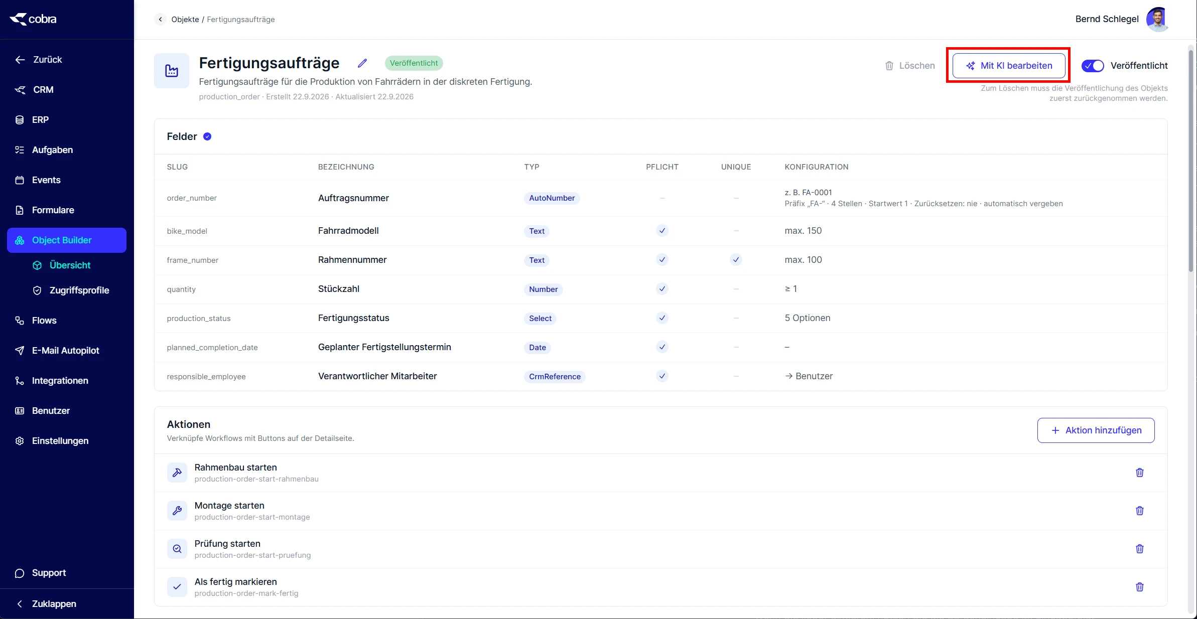 cobra CRM Cloud Object Builder Objektdefinition mit Feldern und Aktionen