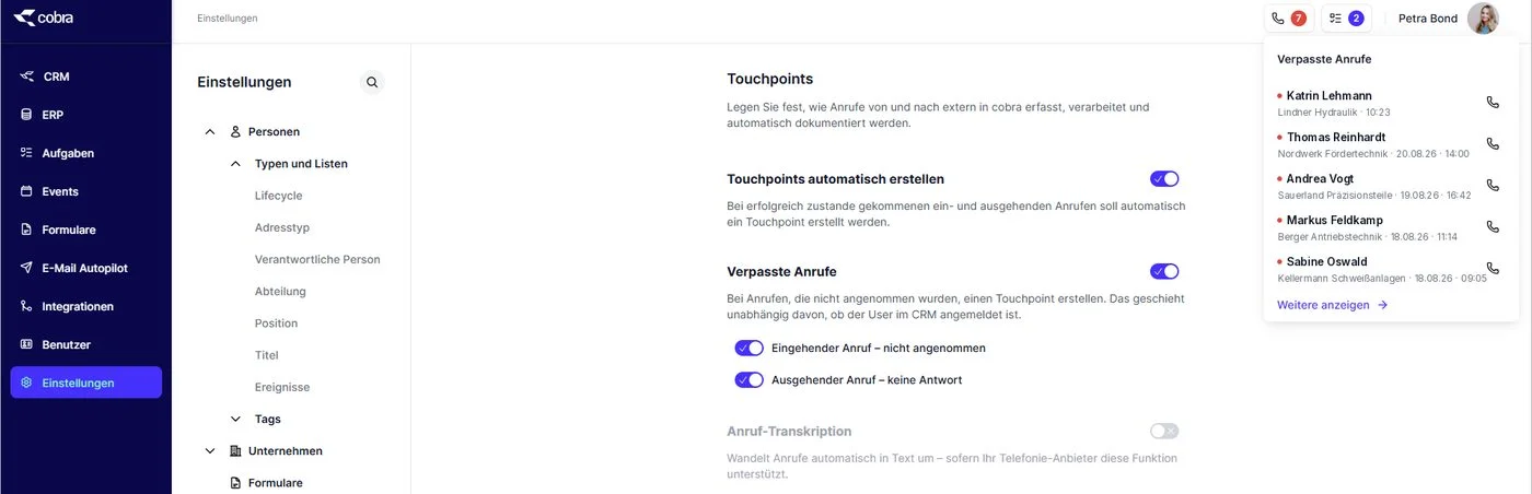cobra CRM Cloud Telefonie-Einstellungen und verpasste Anrufe