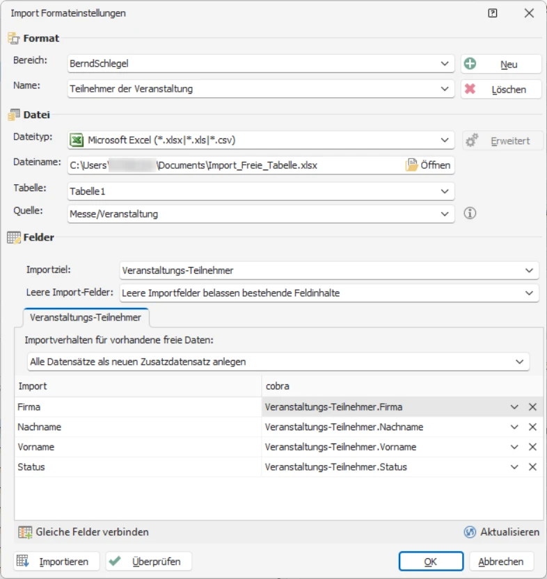 cobra CRM One freie Tabelle Importieren