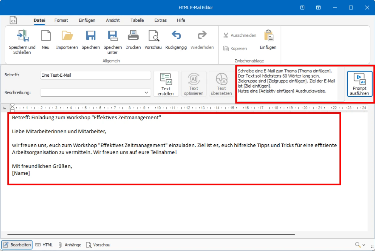cobra KI-Integration Serien-E-Mail Editor Prompt ausfuehren