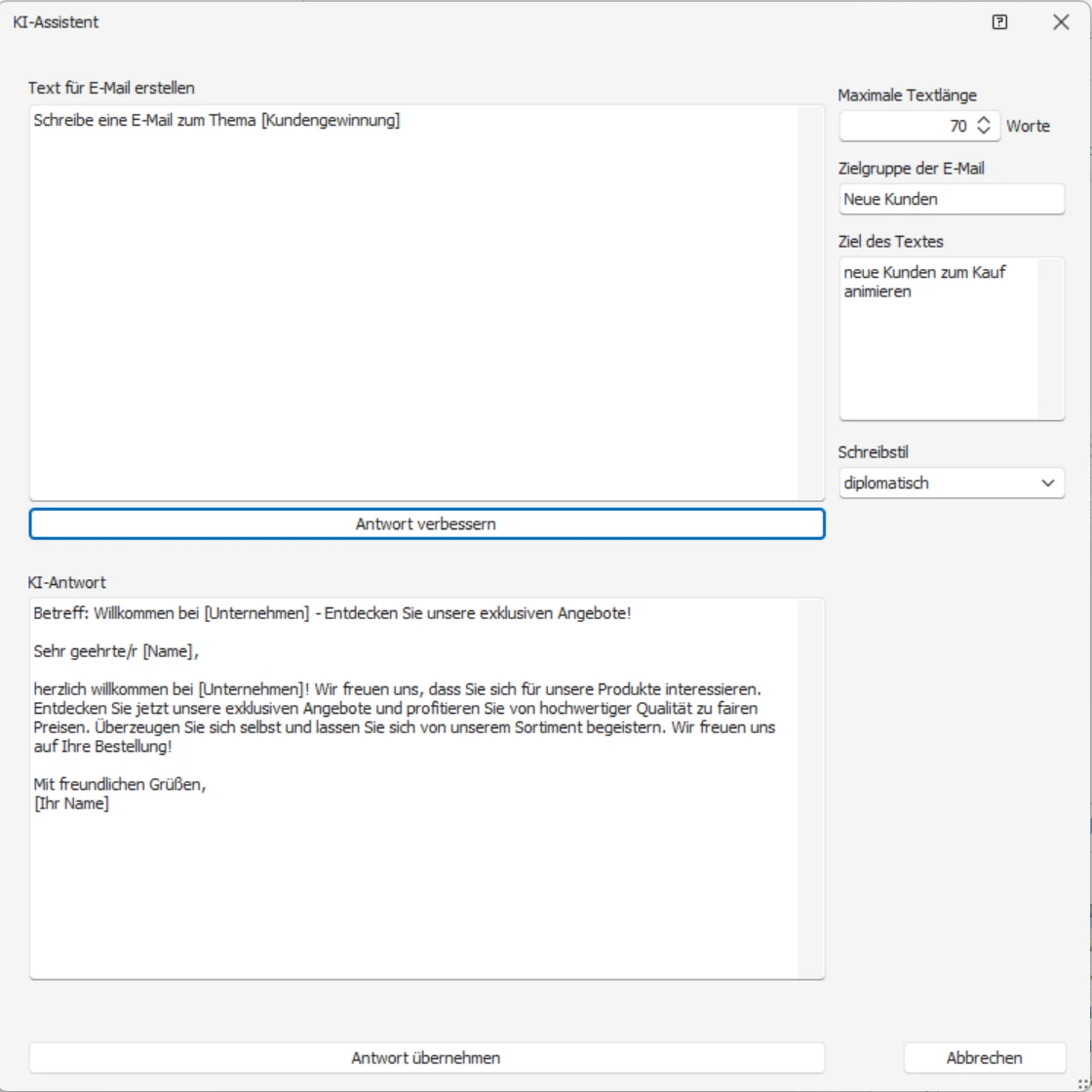 cobra KI-Integration Serien-E-Mail Editor Text erstellen Beispiel