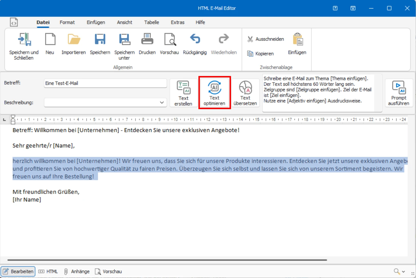 cobra KI-Integration Serien-E-Mail Editor Text optimieren
