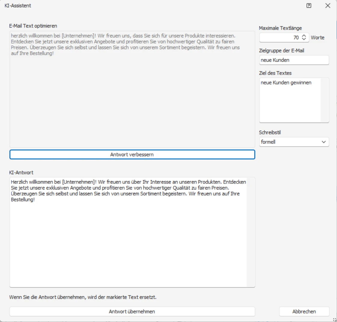 cobra KI-Integration Serien-E-Mail Editor Text optimieren Beispiel