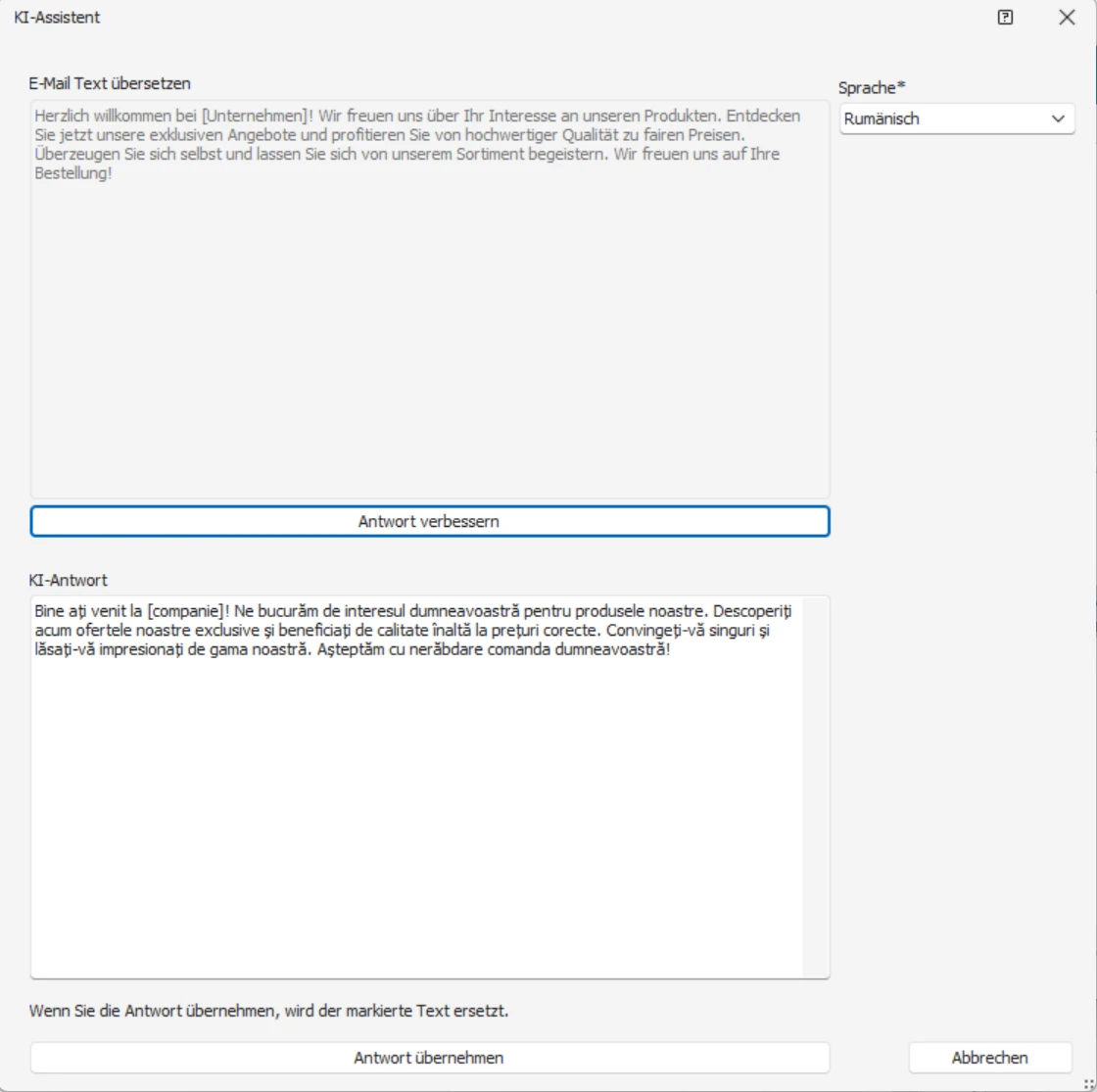 cobra KI-Integration Serien-E-Mail Editor Text uebersetzen Beispiel