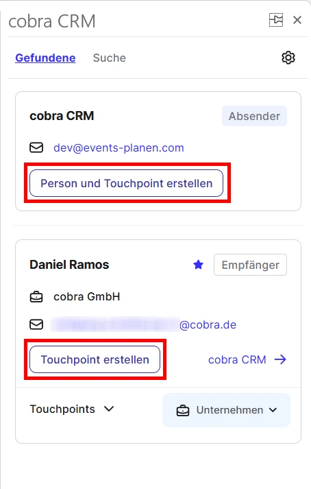 cobra Outlook Add-In Benutzen CRM Cloud Cloud Person Touchpoint erstellen