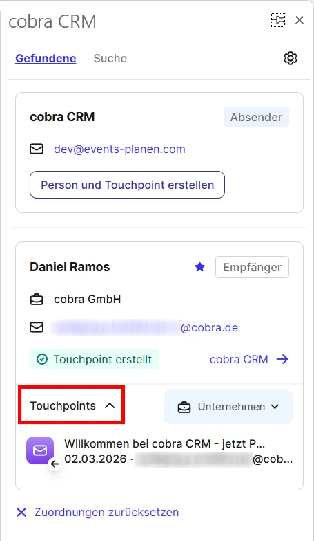 cobra Outlook Add-In Benutzen CRM Cloud Cloud Person letzte Touchpoints