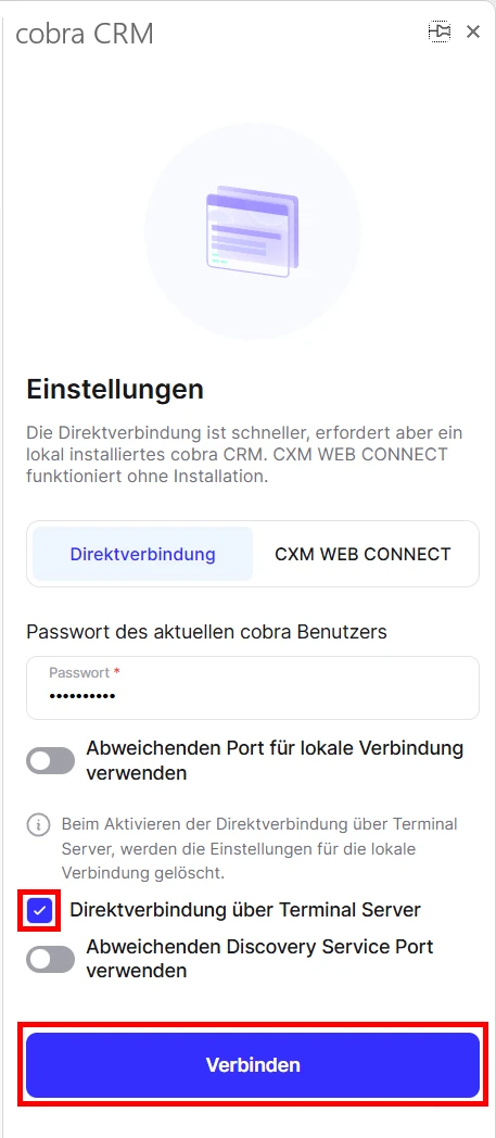 cobra Outlook Add-In Direktverbindung Terminal Server Beispiel